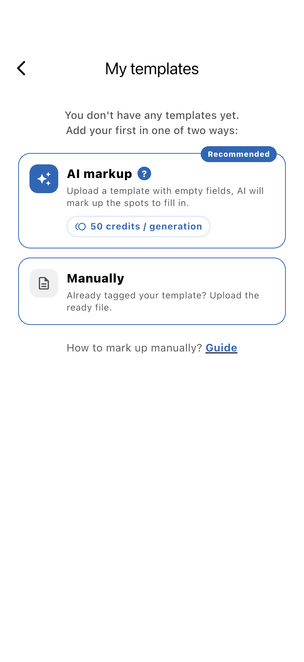 The two ways to add a template: AI markup and Manually
