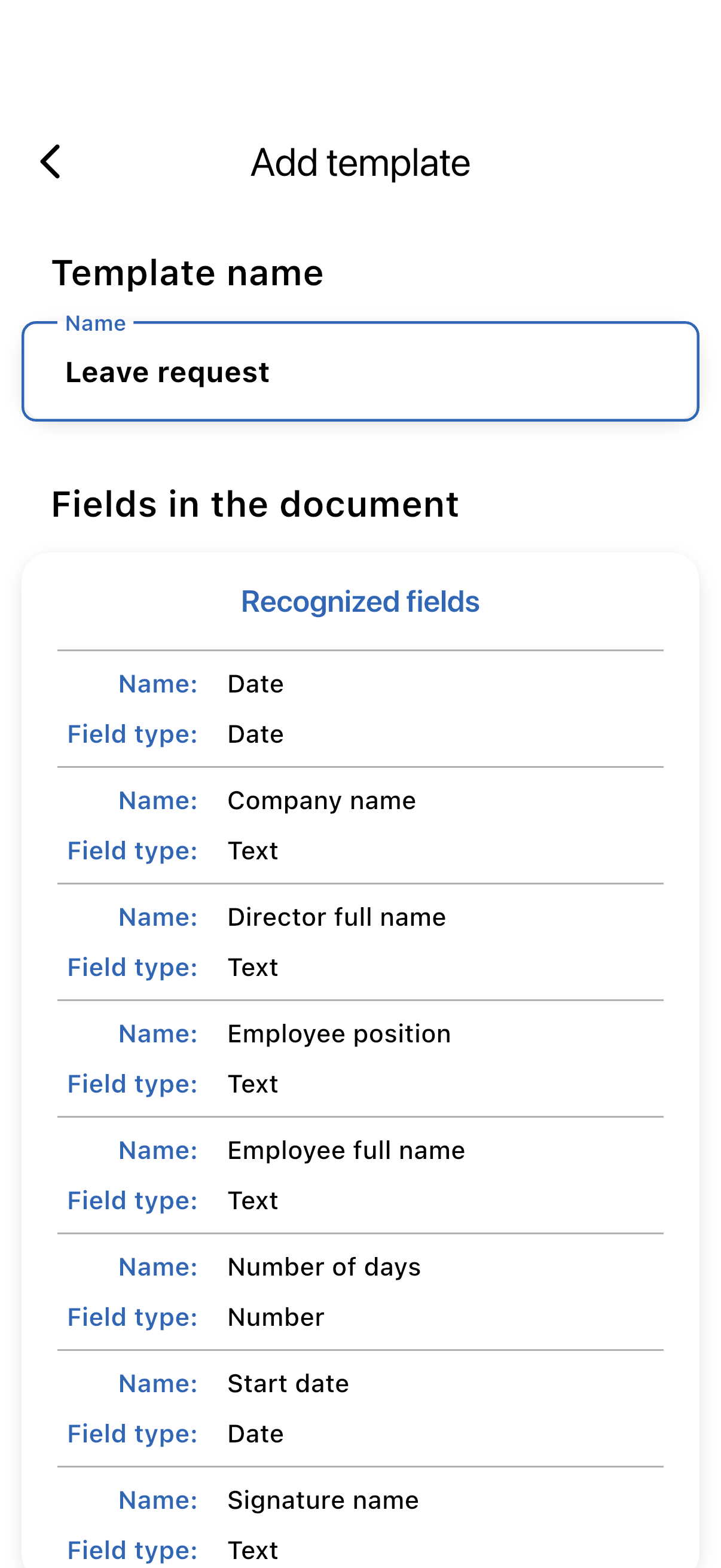 The add-template screen listing the recognised fields